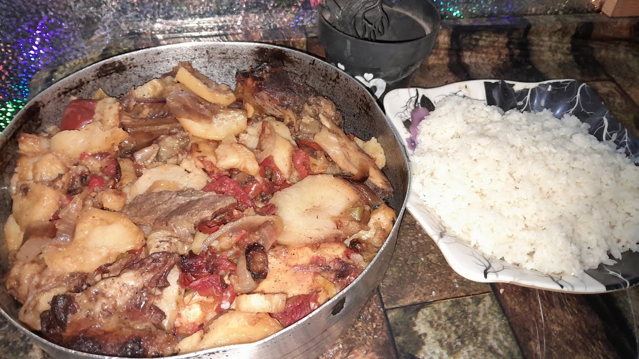 طريقه عمل صينيه بطاطس باللحمه ني في ني مع رز ابيض