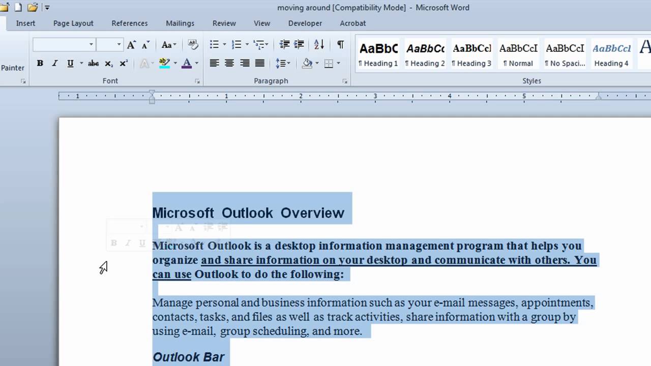 Word 2010 Formatting a document using quick format toolbar and ribbon