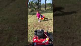 Guy turns on his lawn mower and says to his daughter, are you ready to get chopped up