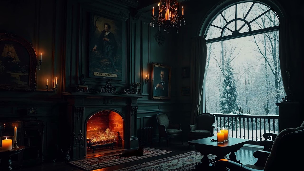 Dark Academia Cozy Fireplace Ambience | Moody Winter Room with Crackling Fire & Relaxing Music