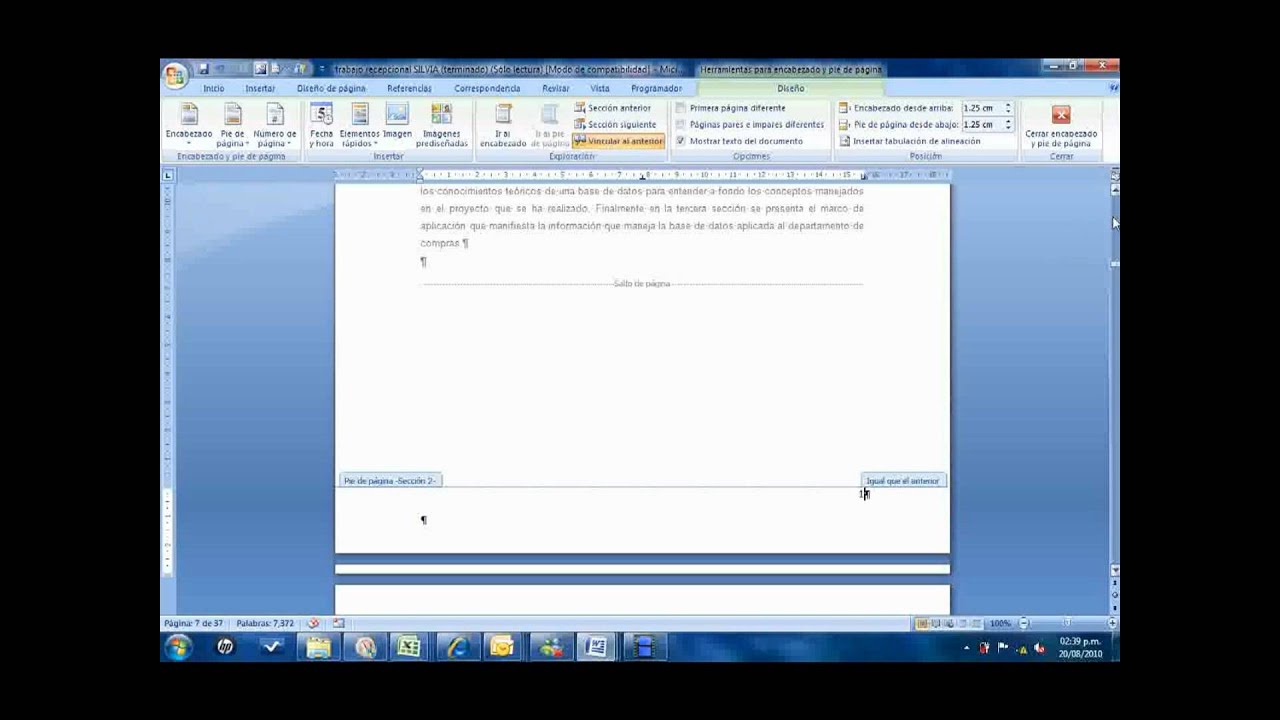 Como insertar paginas de trabajos en WORD sin numerar 