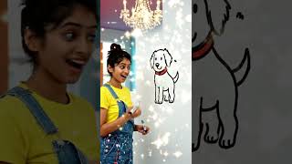 A person finishes a cartoon dog drawing on a white wall.