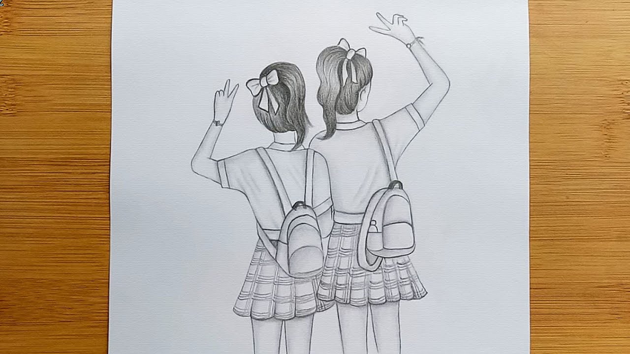 Friendship Day Drawing With Pencil Sketch//Draw School Going Girls ...