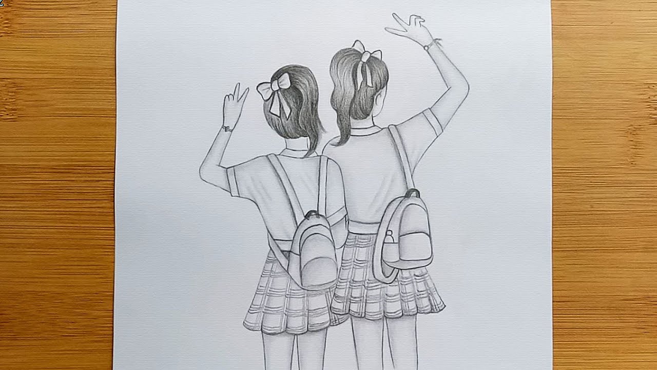 Friendship Day Drawing With Pencil SketchDraw School Going Girls Step by  step  YouTube