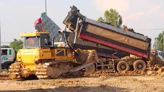 Hyundai, Scania, Hino Dump Trucks Dumping Loading Soil & SHANTUI Bulldozer Pushing Soil