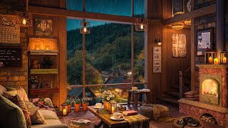 Soothing Jazz Music Background with Rain On Window  Peaceful Night at Cozy Coffee Shop Ambience