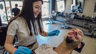 💈BUBBLY UKRAINIAN Barber Scared to Shave my Beard into Van Dyke Stache ! - Krakow 🇵🇱