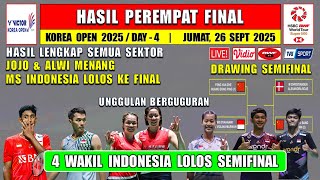 INDONESIA KE FINAL ~ 4 WAKIL MENANG ~ Hasil 8 Besar Korea Open 2025 Hari Ini ~ JOJO & ALWI MENANG