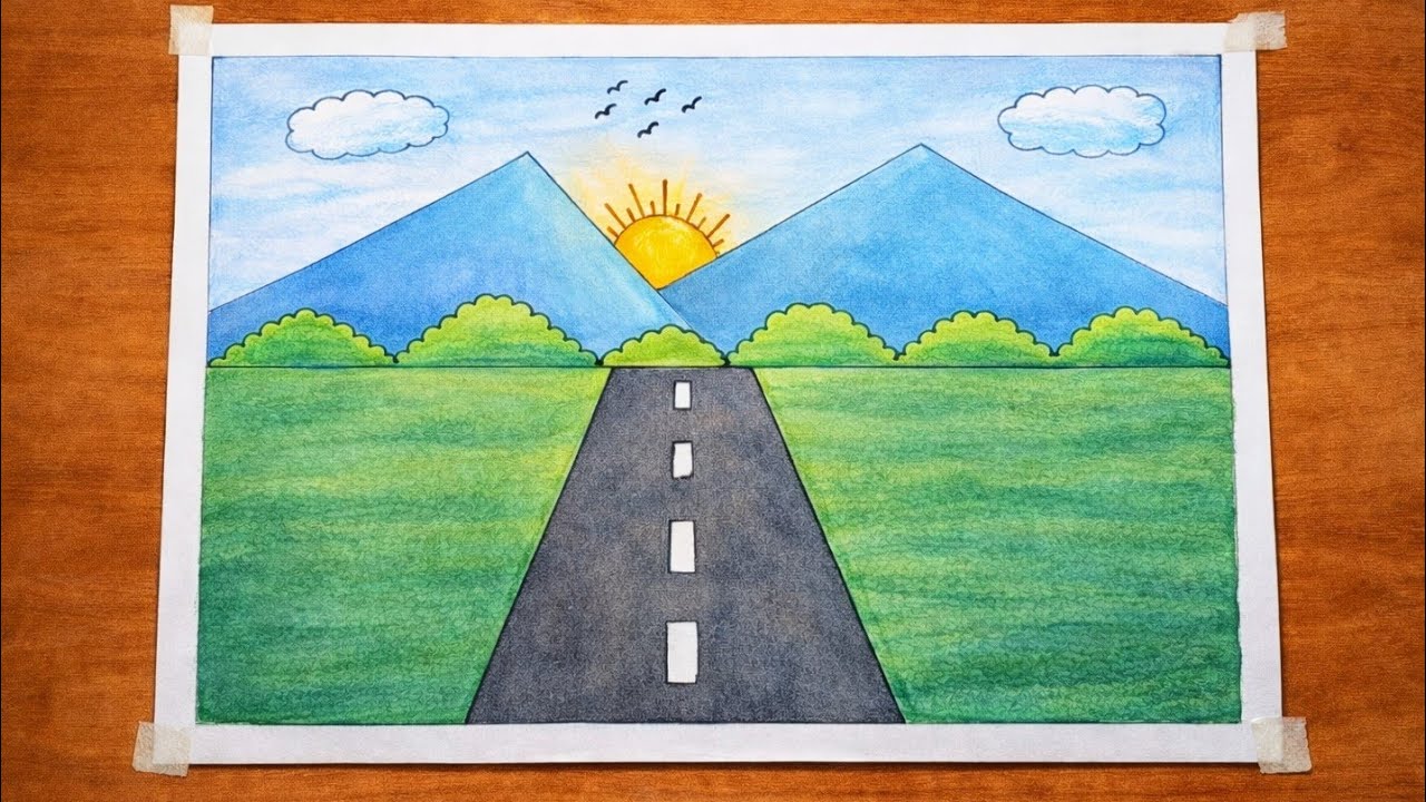 How to Draw Beautiful Mountain Scenery with Road, Sunlight 🌞| Easy Drawing Tutorial |
