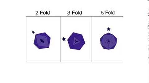 2-fold, 3-fold, and 5-fold axis of rotation in an icosahedron (virus capsid)