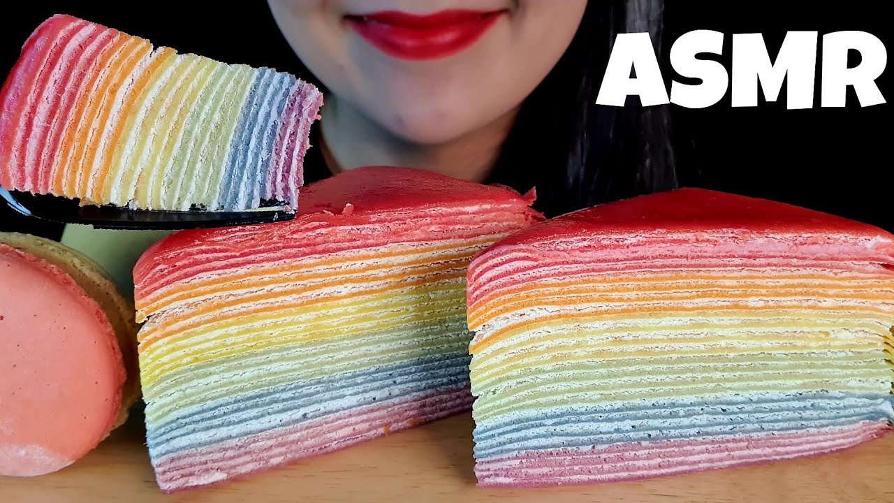 ASMR радуга Креповый торт и Macaron Едят звуки Популярный десерт есть шоу Мок-Бэнг