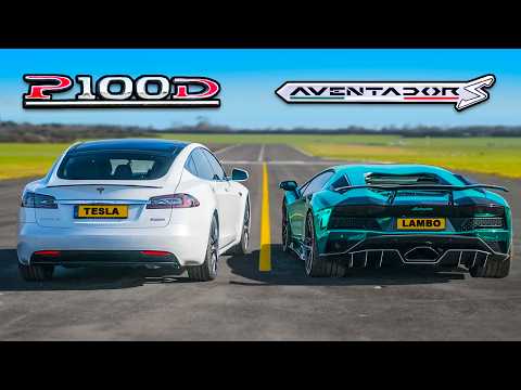 Lamborghini Aventador S v Tesla Model S P100D - DRAG RACE, ROLLING RACE & BRAKE TEST