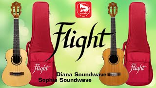картинка: Укулеле тенор Flight Sophia TE и укулеле концерт Flight Diana CE (активный датчик и эффекты внутри)