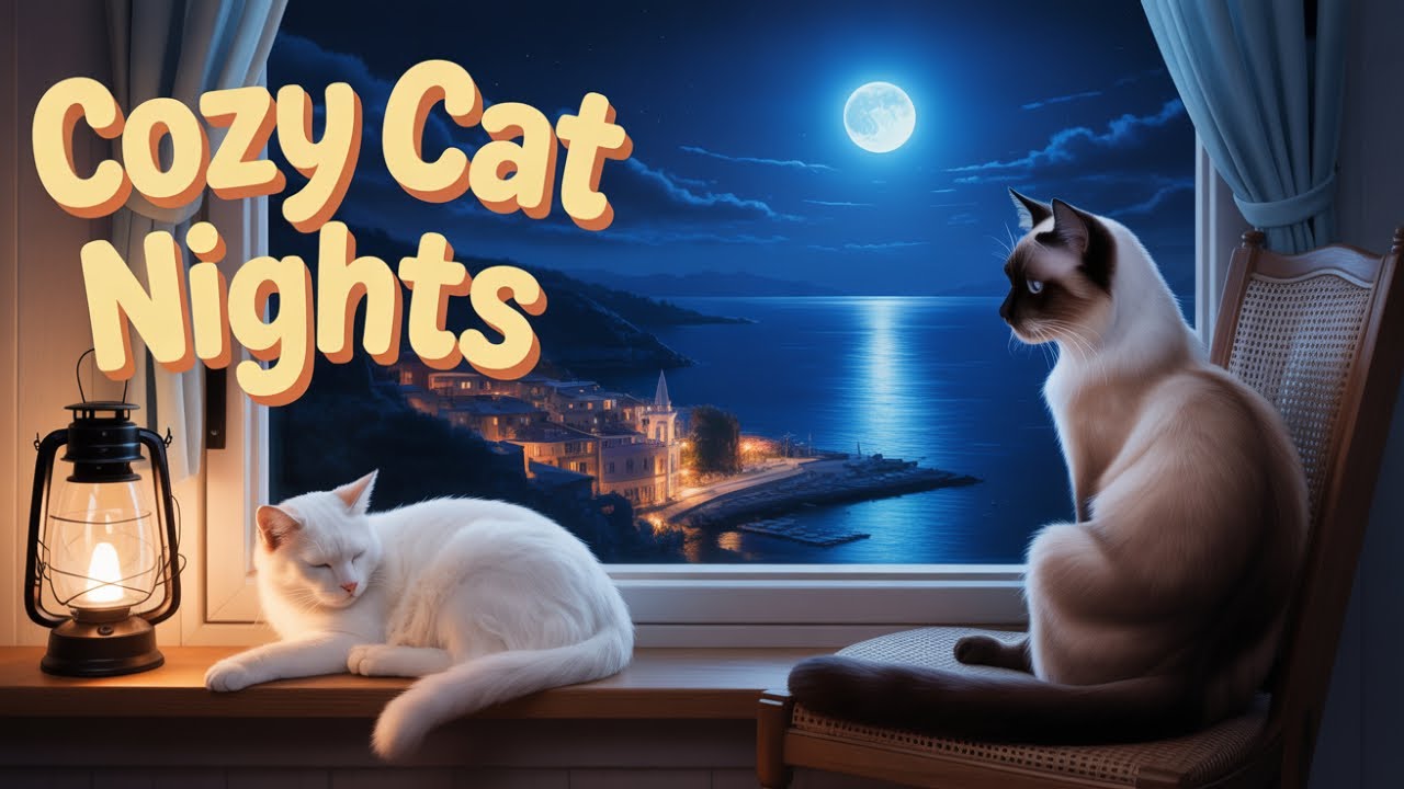 Serene Harbor at Midnight | Cats, Lanterns & Distant Village Lights