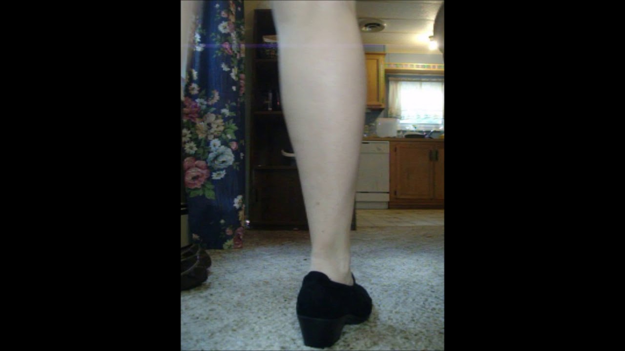 Walking slowly, bare legs, wiggle toes, change shoes, rub feet on