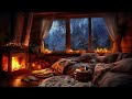 Snowy winter evening  cozy living room with fireplace and soft wind