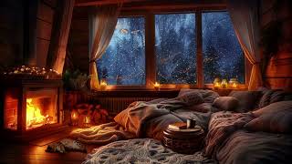 Snowy Winter Evening - Cozy Living Room with Fireplace and Soft Wind