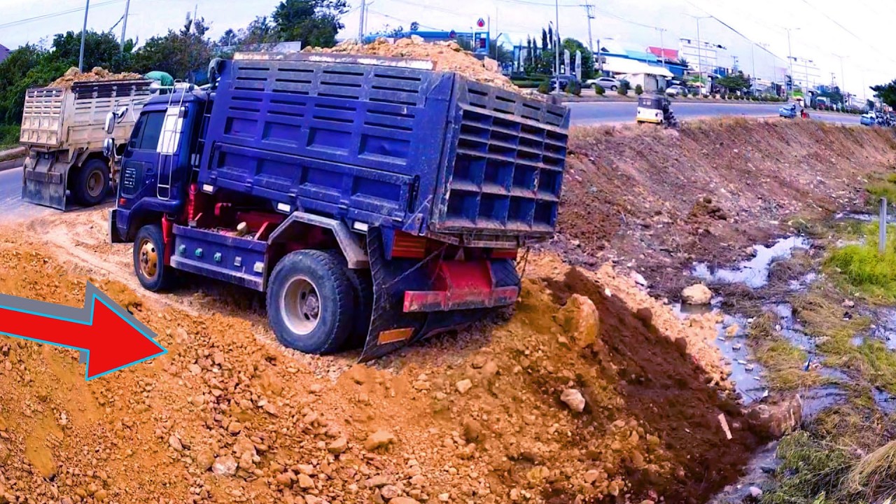 Scary Work!! 5Ton Dump Truck Soil Delete Flood and Dozer Push in Actions!