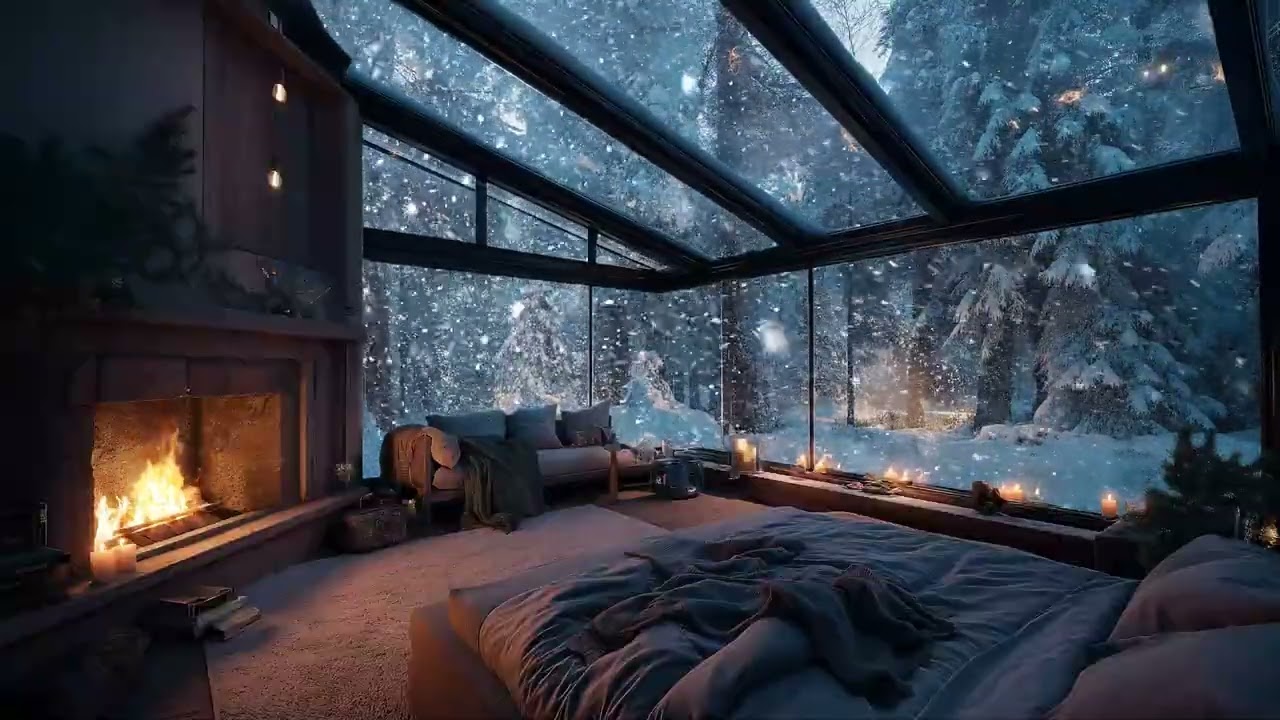Soft Snowfall Night ❄️ Cozy Fireplace Sounds for Deep Sleep 😴
