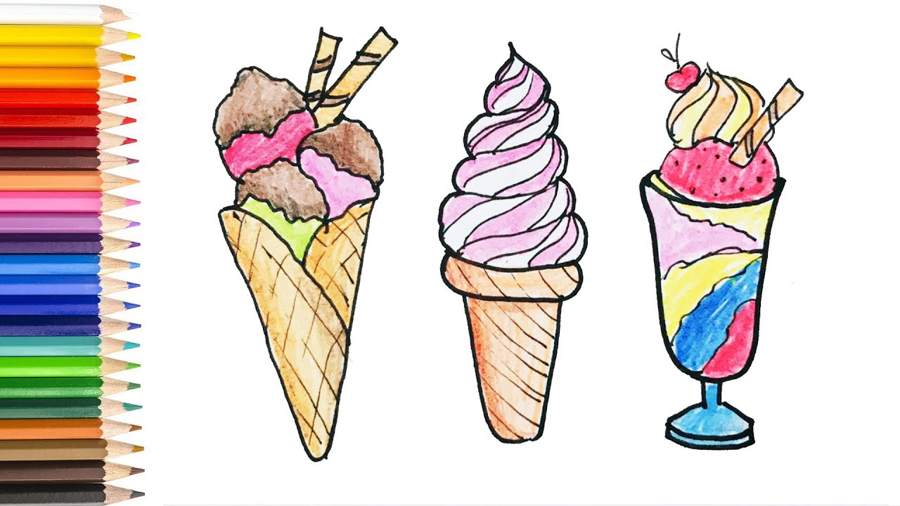 Hướng dẫn hình vẽ cây kem dễ thương với nhiều màu sắc tươi sáng