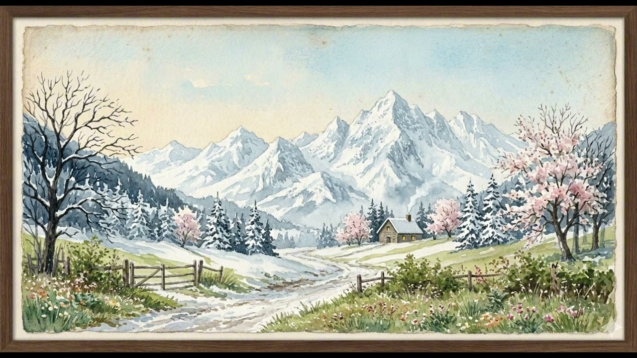 🏔️ Spring in the Alpines | 15 Minute Vintage Watercolor: Snowy Peaks & Blossoms