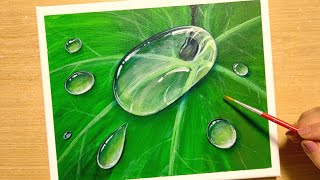 アクリル絵の具で【葉の水滴】の描き方/初心者のための簡単なアクリル画/Step by step