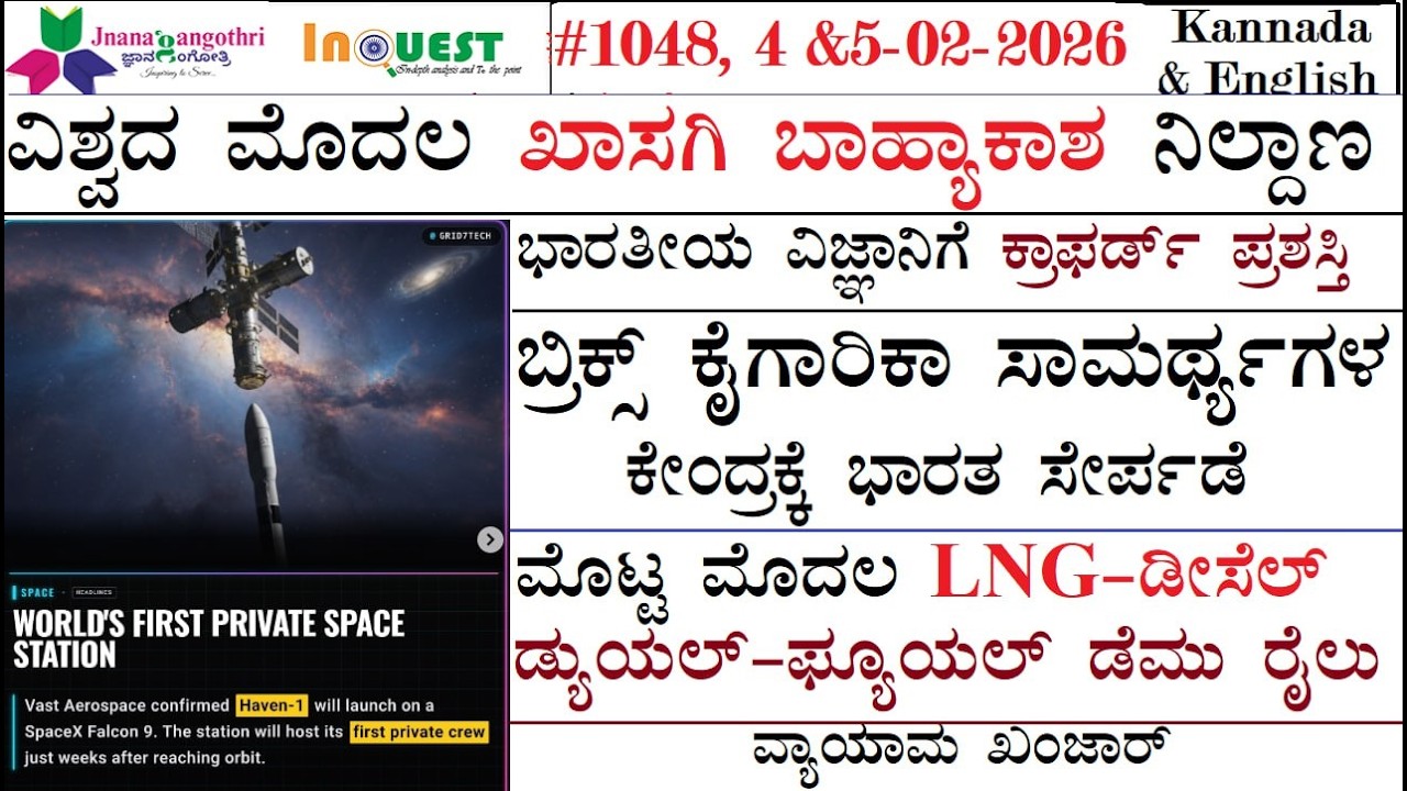#CA1048| 4&5-02-26 | ವಿಶ್ವದ ಮೊದಲ ಖಾಸಗಿ ಬಾಹ್ಯಾಕಾಶ ನಿಲ್ದಾಣ| ಭಾರತೀಯ ವಿಜ್ಞಾನಿಗೆ ಕ್ರಾಫರ್ಡ್ ಪ್ರಶಸ್ತಿ|