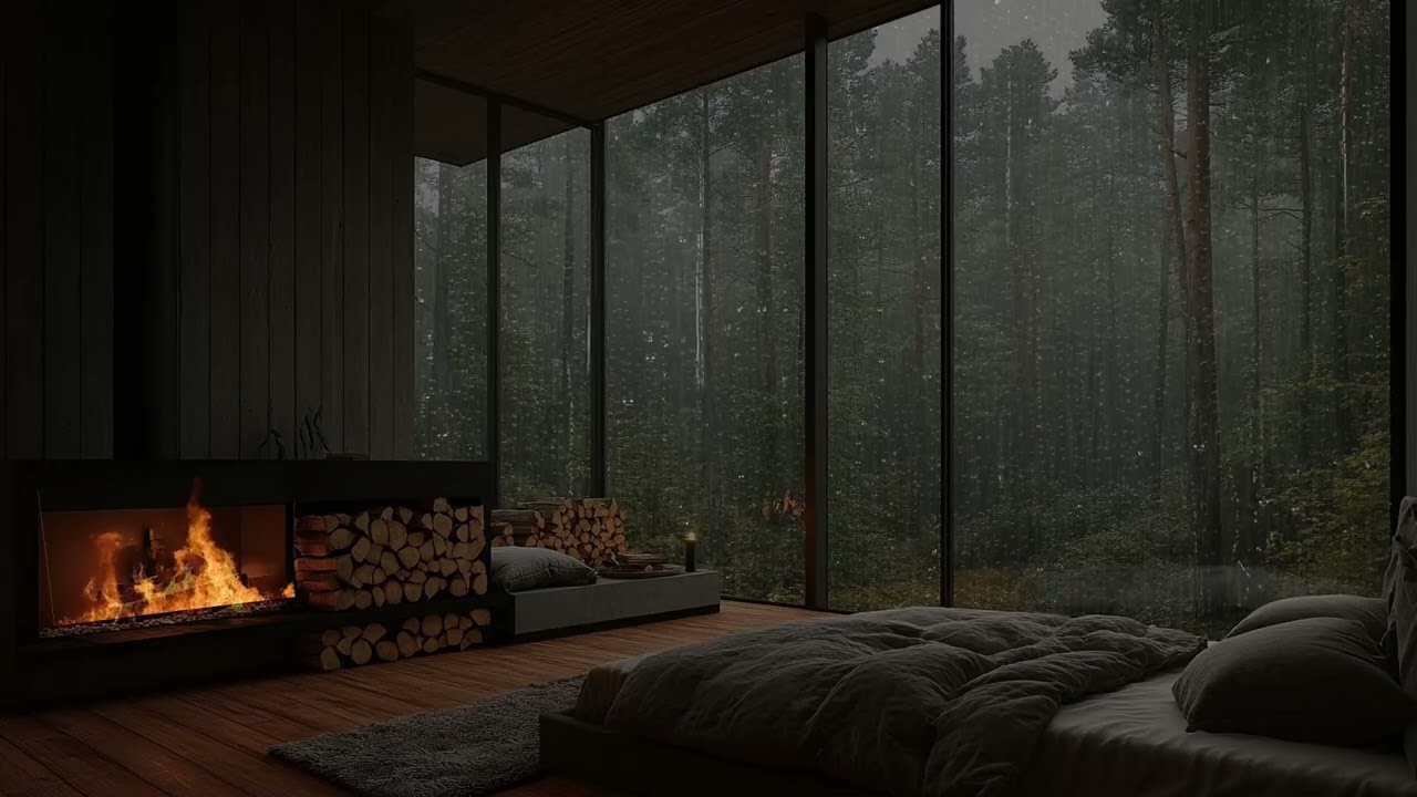 Stress Relief and Better Sleep with Heavy Rain and Fireplace Sound in Forest Room