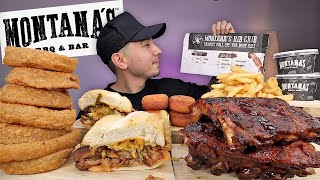 MUKBANG EATING Montana's Texas Bold BBQ Sauce Ribs, Onion Rings, Mini Donuts, Rib Sandwich, Fries