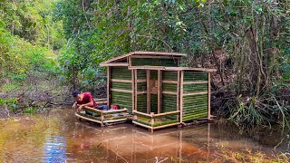 Camping hujan deras || Di terjang banjir saat Membangun shelter bambu di hutan pinggir sungai