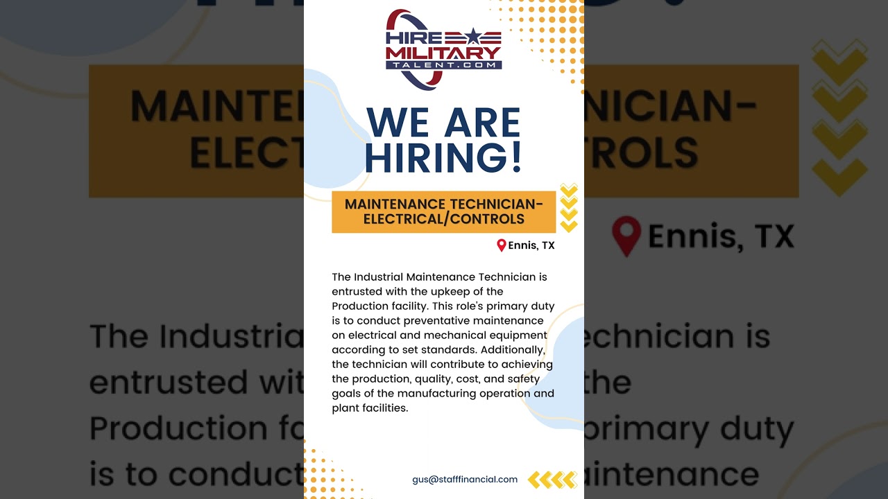 [JOB ALERT] Maintenance Technician - Electrical/Controls