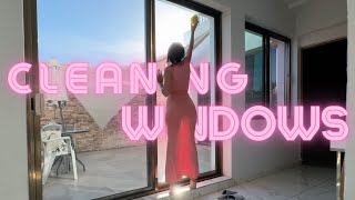 4K Cleaning Transparent Windows In Dress | Natural Petite Body