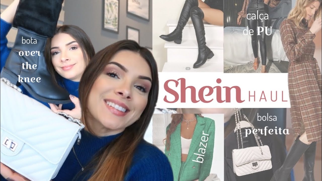 PROVANDO RECEBIDOS DA SHEIN! Bota Over, Blazer Tweed, Calça PU, Chemise e  Bolsa Branca!