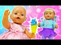 Ice cream cart for baby Annabell doll. Feeding baby doll with toy food. Family fun video for kids.