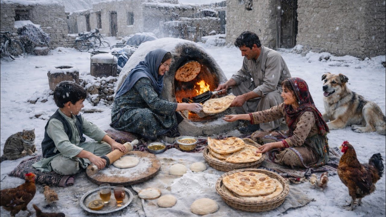 Traditional Village Life at Dawn | Fresh Bread, Snowy Morning & Family Warmth