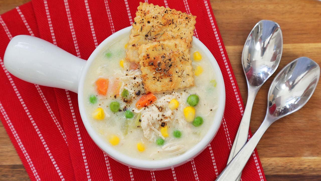 Chicken Pot Pie Soup with Pie Crust Crackers | The Domestic Geek