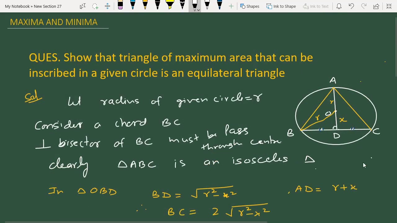 Show that triangle of maximum area that can be inscribed in given