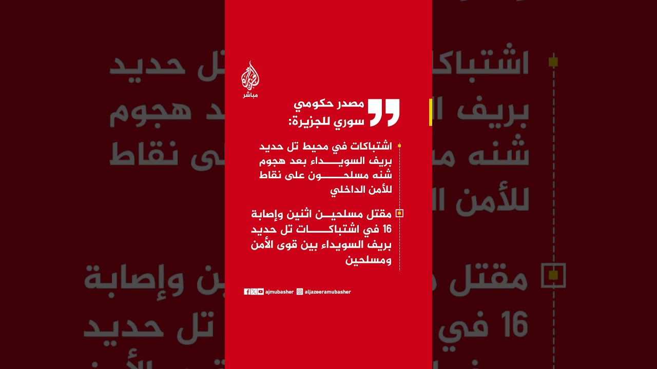 مصدر حكومي سوري للجزيرة:اشتباكات في محيط تل حديد بريف السويداء بعد هجوم شنه مسلحون..