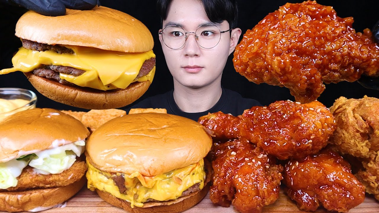 트리플 치즈버거 양념치킨 멘보샤 치킨 먹방ASMR MUKBANG TRIPLE CHEESEBURGERS & FRIED CHICKEN チキン チーズバーガー eating sounds