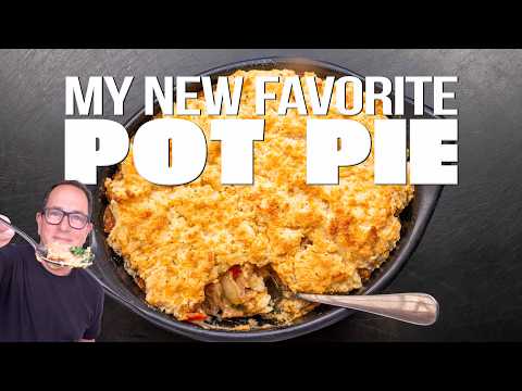 Smoked bratwurst pot pie with barbecue béchamel and Cheddar Bay biscuit topping, from the video