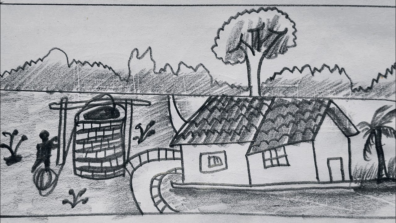 House river side scenery drawing 