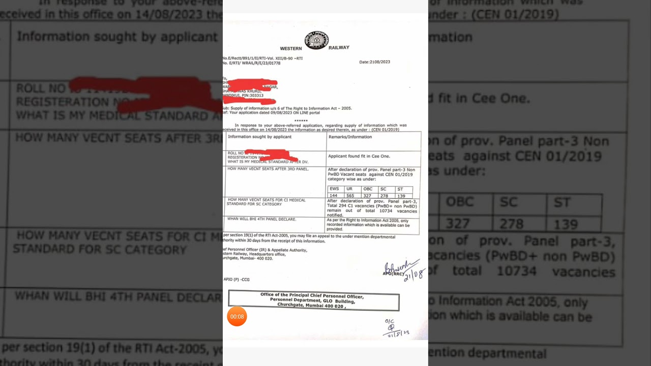 RRC GROUP D , wr Mumbai,  new rti reply, ahmedabad