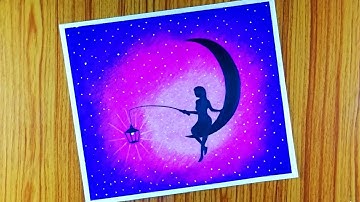 How to draw a beautiful girl sitting on the moon - step by step