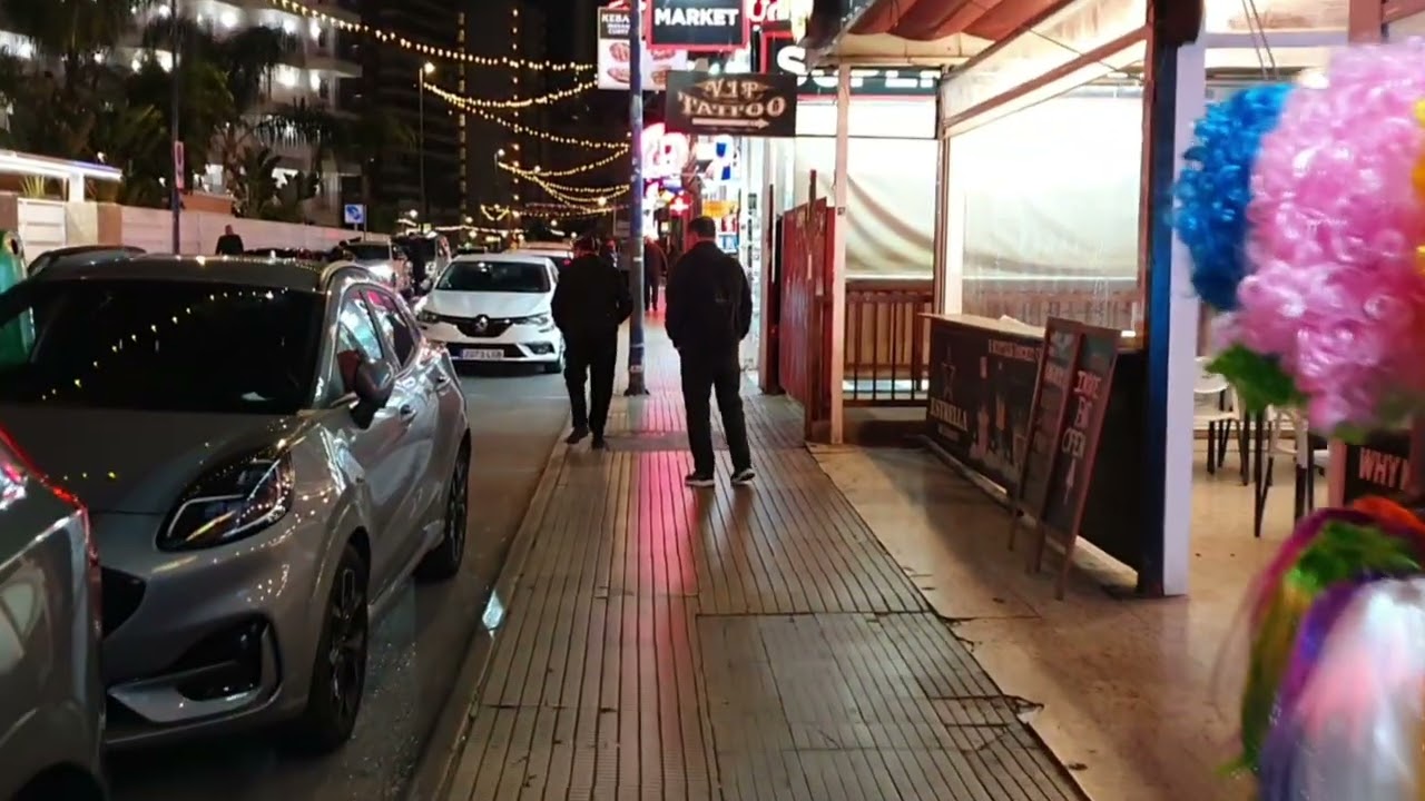Having a walk around benidorm at night and hotel don pancho and along the strip 2025 