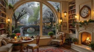 A Dreamy May Morning at Coffee Shop Ambience ☕ Soft Piano Jazz & Fireplace Ambience for Cozy Calm screenshot 4