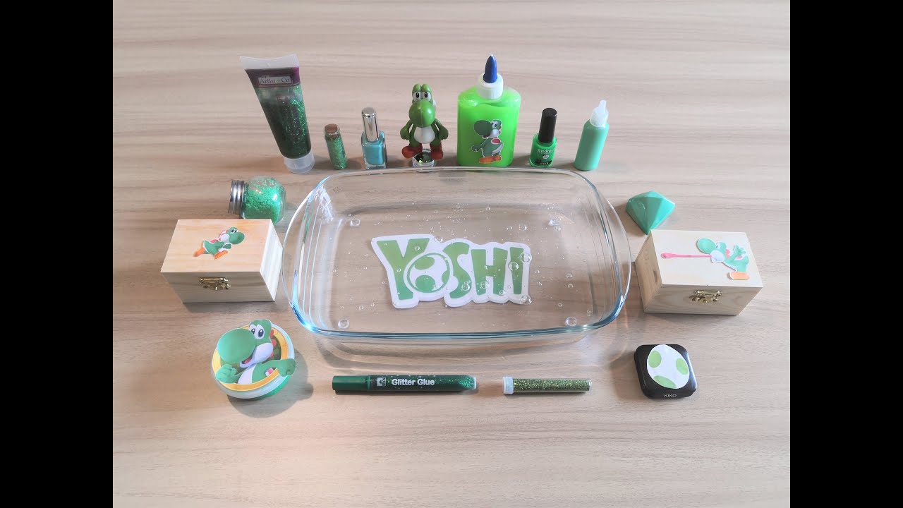[YOSHI THEME] - GREEN SLIME ASMR -15 ITEMS - Satisfying Video - Mixing Makeup into clear Slime