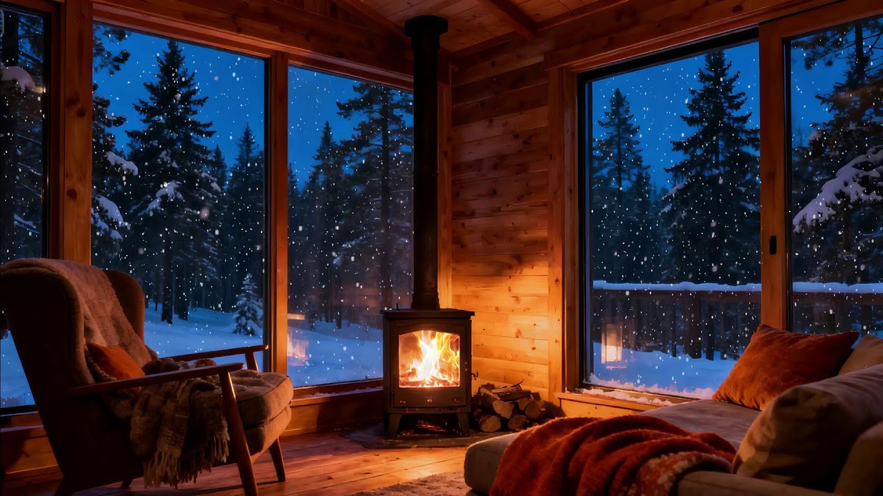 Winter Cabin Night Ambience  Fireplace Glow & Falling Snow