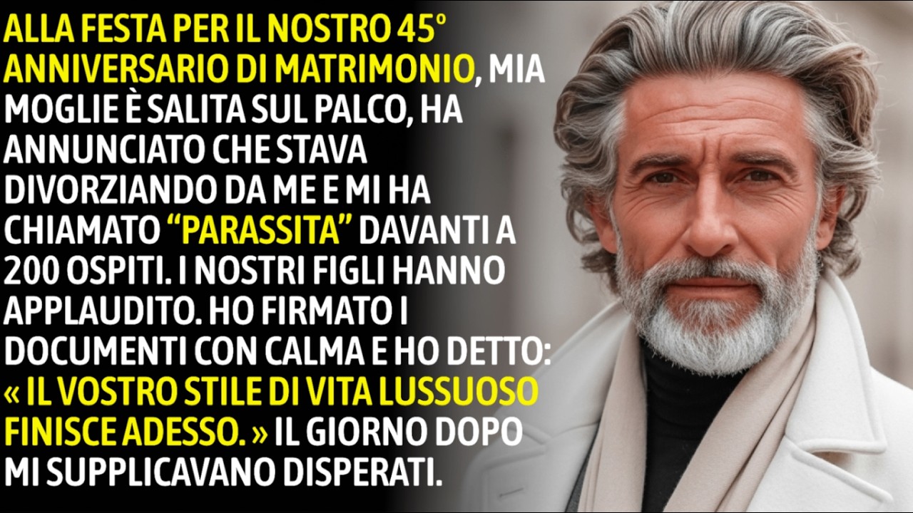 Al nostro quarantacinquesimo anniversario, mia moglie è salita sul palco e mi ha chiamato 'parassita' davanti a duecento invitati. Ha annunciato il divorzio e i nostri figli hanno applaudito. Io...