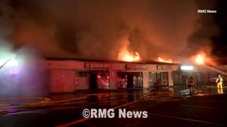 Two firefighters were injured battling a blaze that destroyed about 10
businesses at strip mall in monterey park thursday morning. emergency
crews responde...