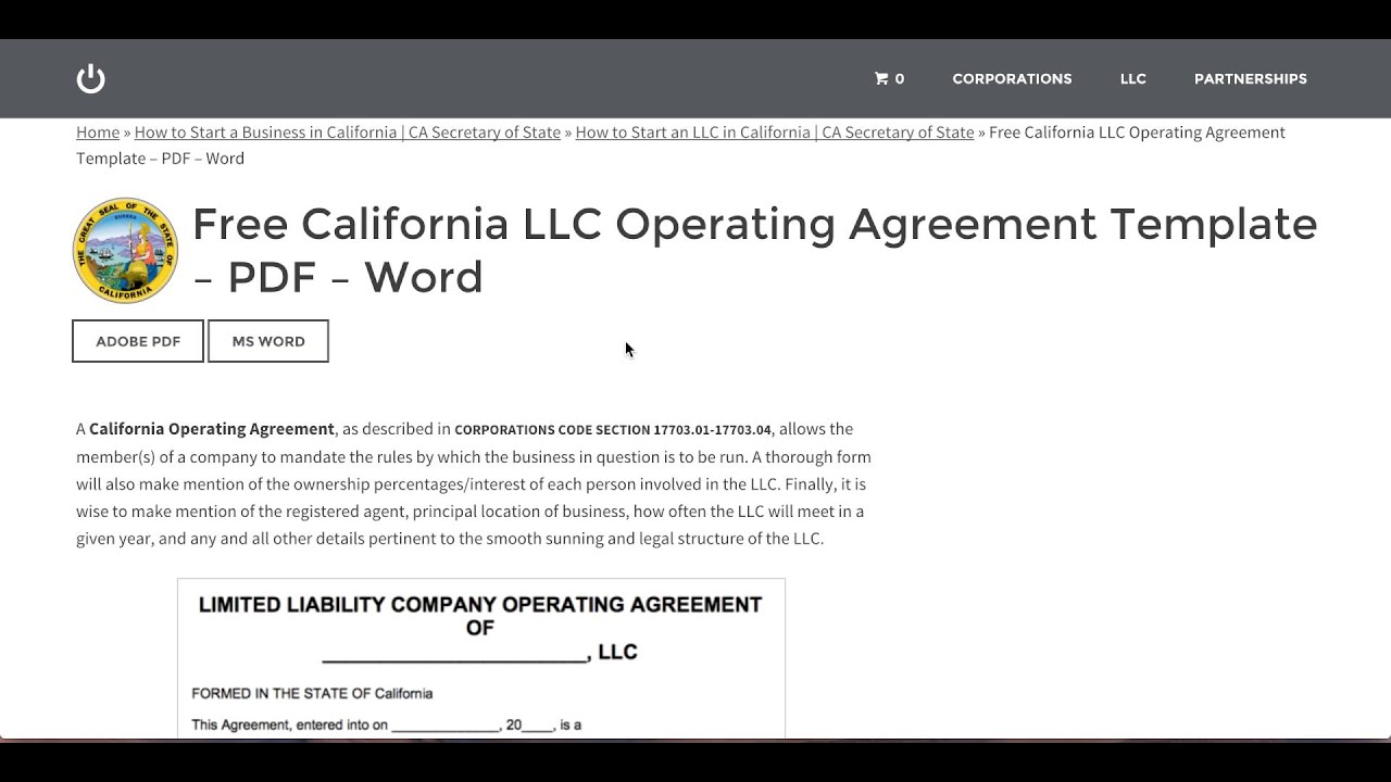 Free California LLC Operating Agreement Template PDF Word YouTube
